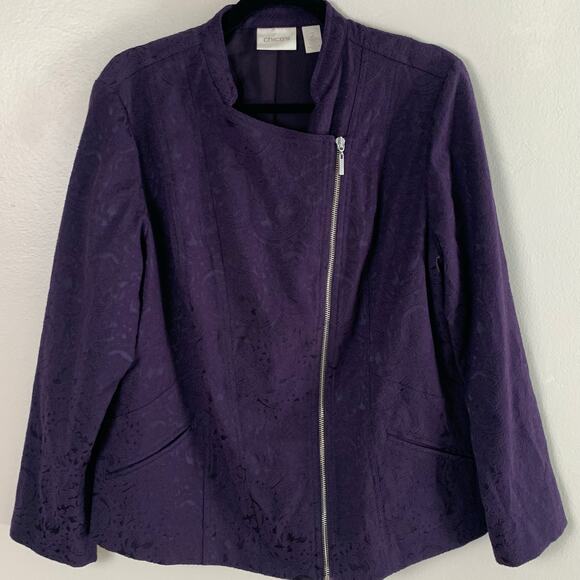 Chico's Size 2 US L Asymmetrical Zip Jacquard Jacket Eggplant Purple Lined - Picture 9 of 11